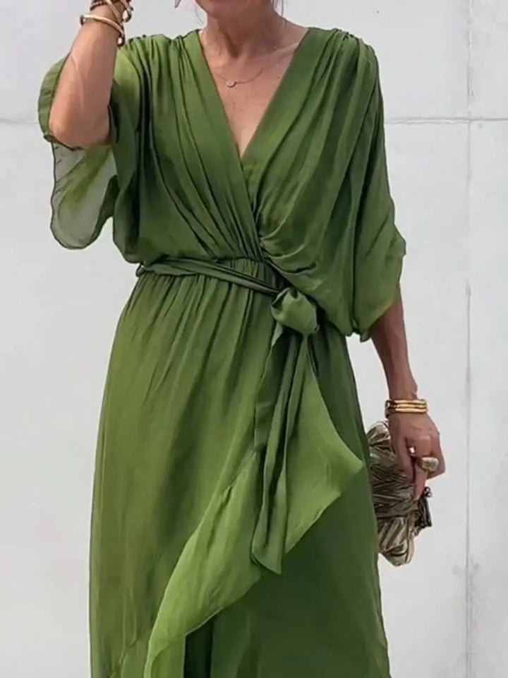 Classic V-neck belted chiffon midi dress for women, versatile for parties and formal events.