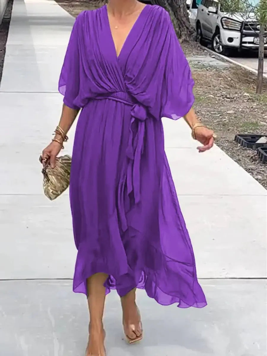 Stylish V-neck belted midi dress in chiffon for women, an ideal evening occasion wear.