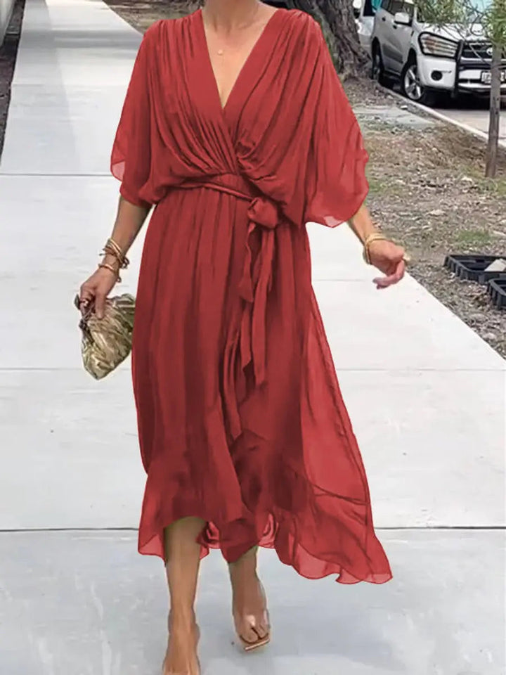 Formal V-neck belted midi dress for women in chiffon, a chic choice for cocktail events.