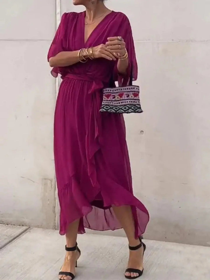 Flowy chiffon V-neck midi dress for women, with a chic belt, perfect for dancing at parties.