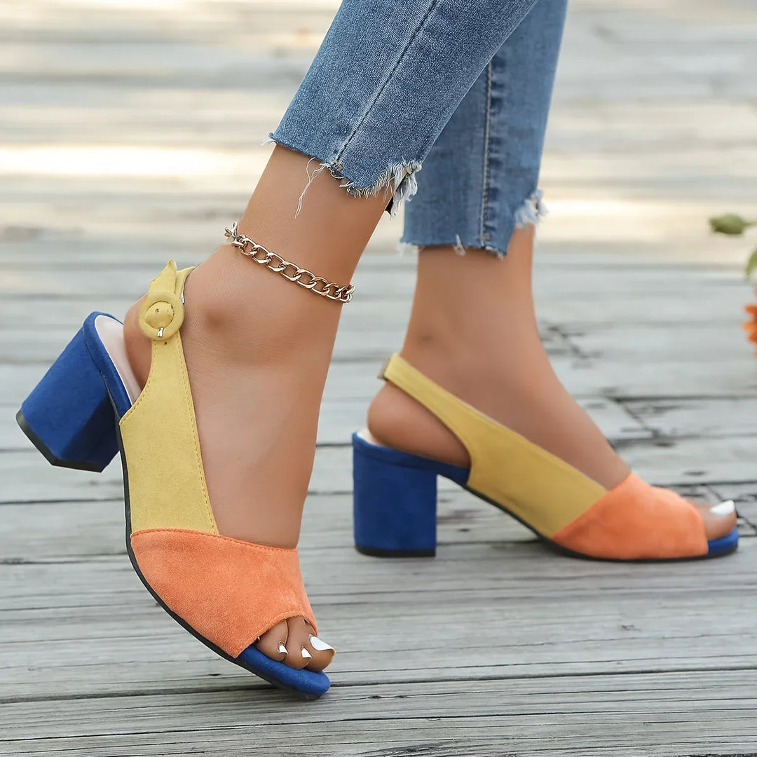 Stylish color-block open-toe block heel sandals for women, featuring a comfortable slingback strap.