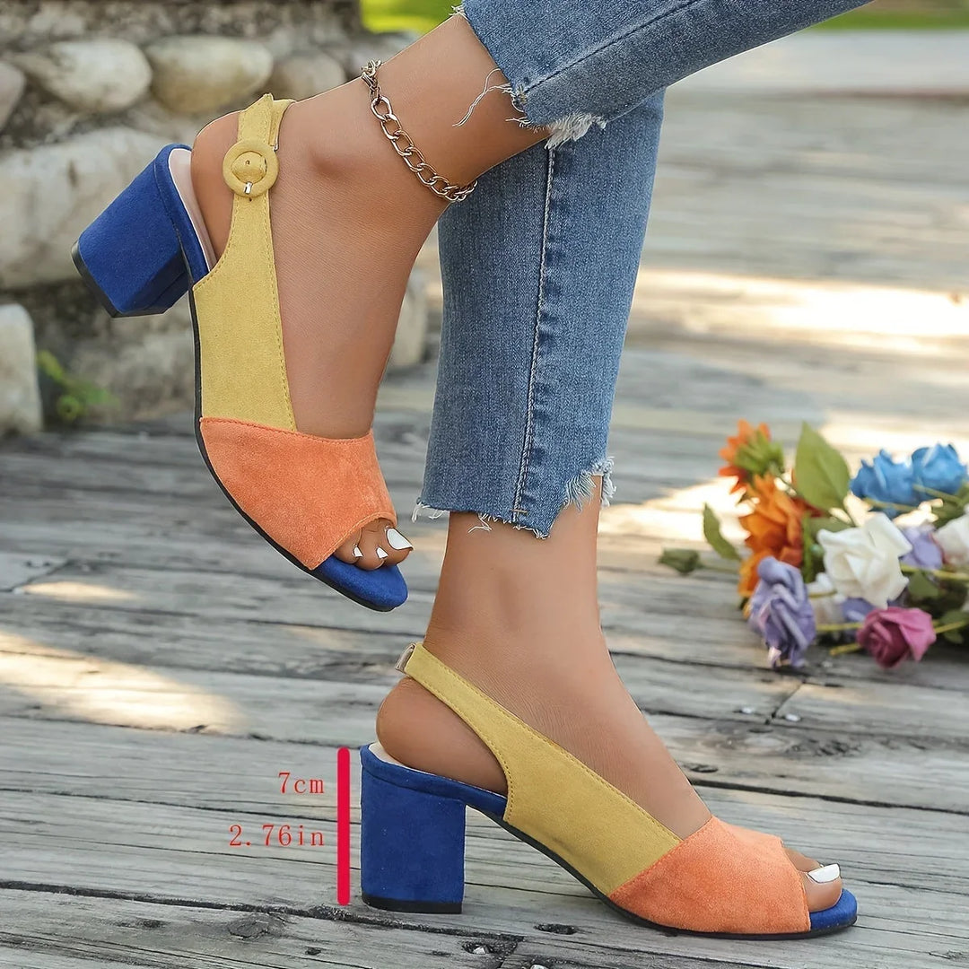 Comfortable women's open-toe sandals. Chic color-block, stable block heel, and supportive slingback.
