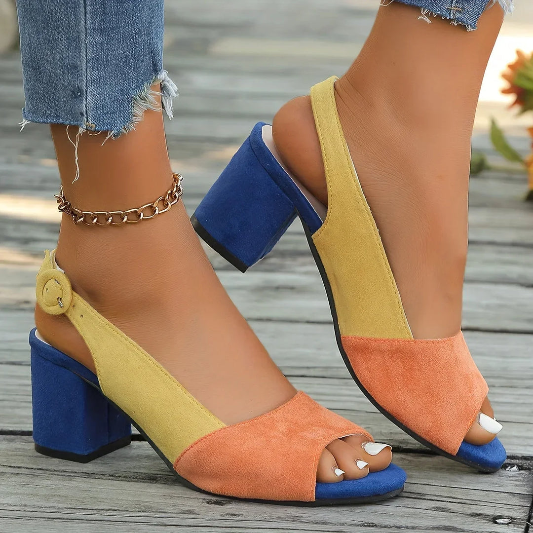 Heeled color-block sandals for women, featuring an open toe and sophisticated slingback design.