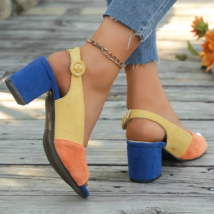 Elegant women's color-block summer sandals. Open-toe, block heel, and secure slingback strap.