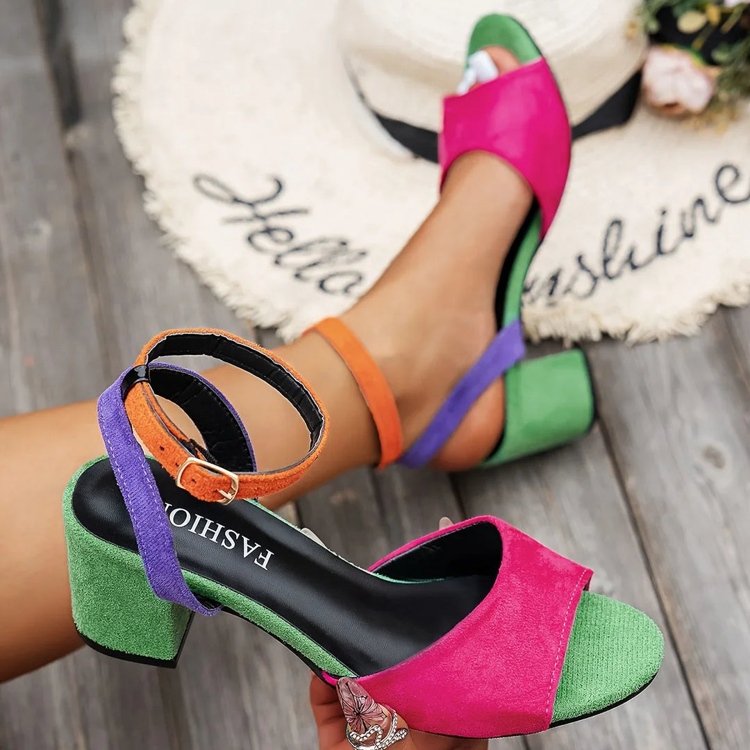 Elegant women's color-block open-toe block-heel sandals with a stylish slingback for summer fashion.