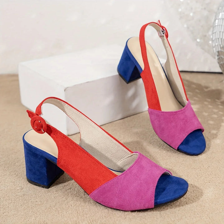 Chic women's color-block open-toe block-heel sandals. Perfect summer shoes with a secure slingback.