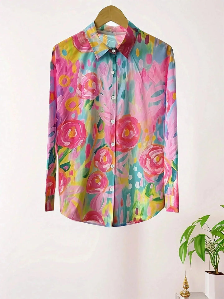 Women's colorful artistic floral print long sleeve blouse with button front, ideal for casual & elegant wear.