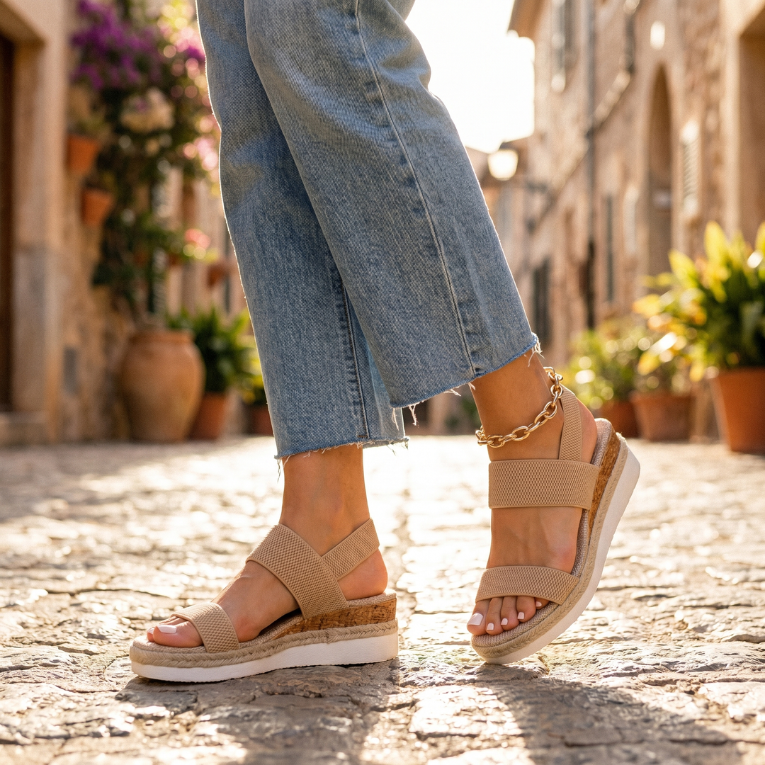Slip-on women's casual sandals, orthopaedic arch support, comfy wedge heel, summer ready.