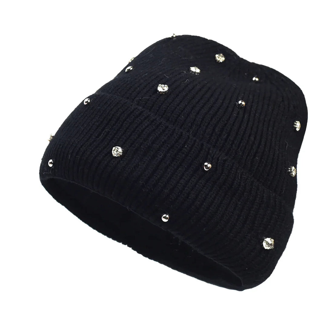 Stylish women's cozy headwear: a rhinestone-embellished beanie with a classic fold-over cuff.