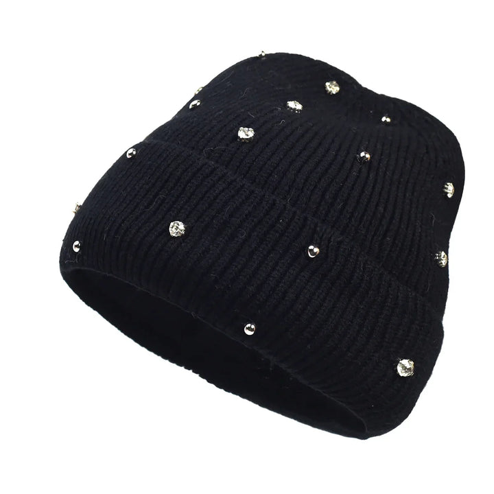 Stylish women's cozy headwear: a rhinestone-embellished beanie with a classic fold-over cuff.