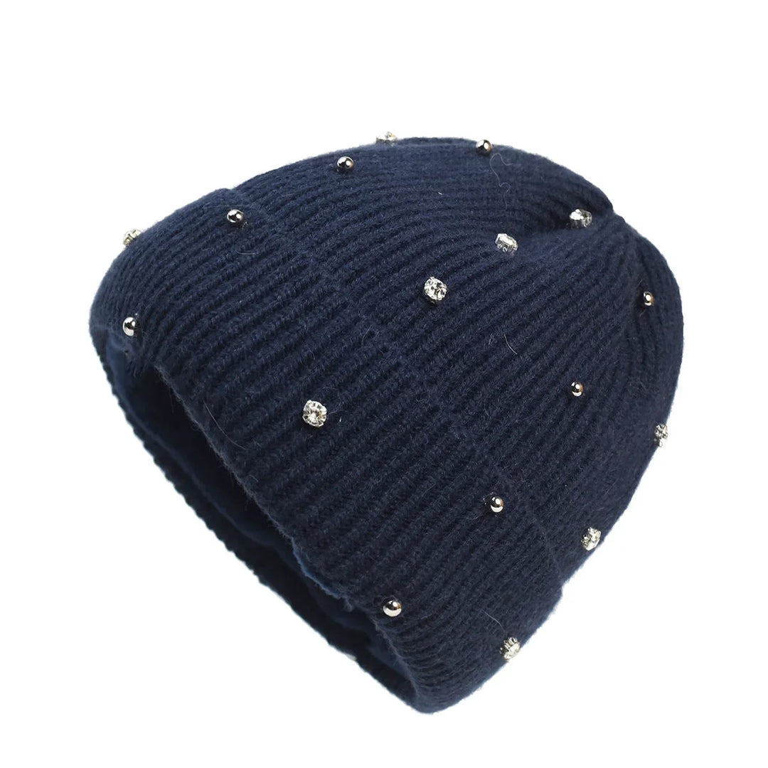 Cozy women's beanie with sparkling rhinestone embellishments and a stylish fold-over cuff for winter warmth.