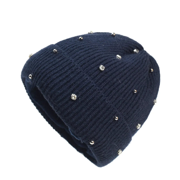 Cozy women's beanie with sparkling rhinestone embellishments and a stylish fold-over cuff for winter warmth.