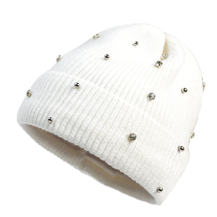 Chic women's winter hat, a cozy fold-over beanie adorned with dazzling rhinestones for added style.