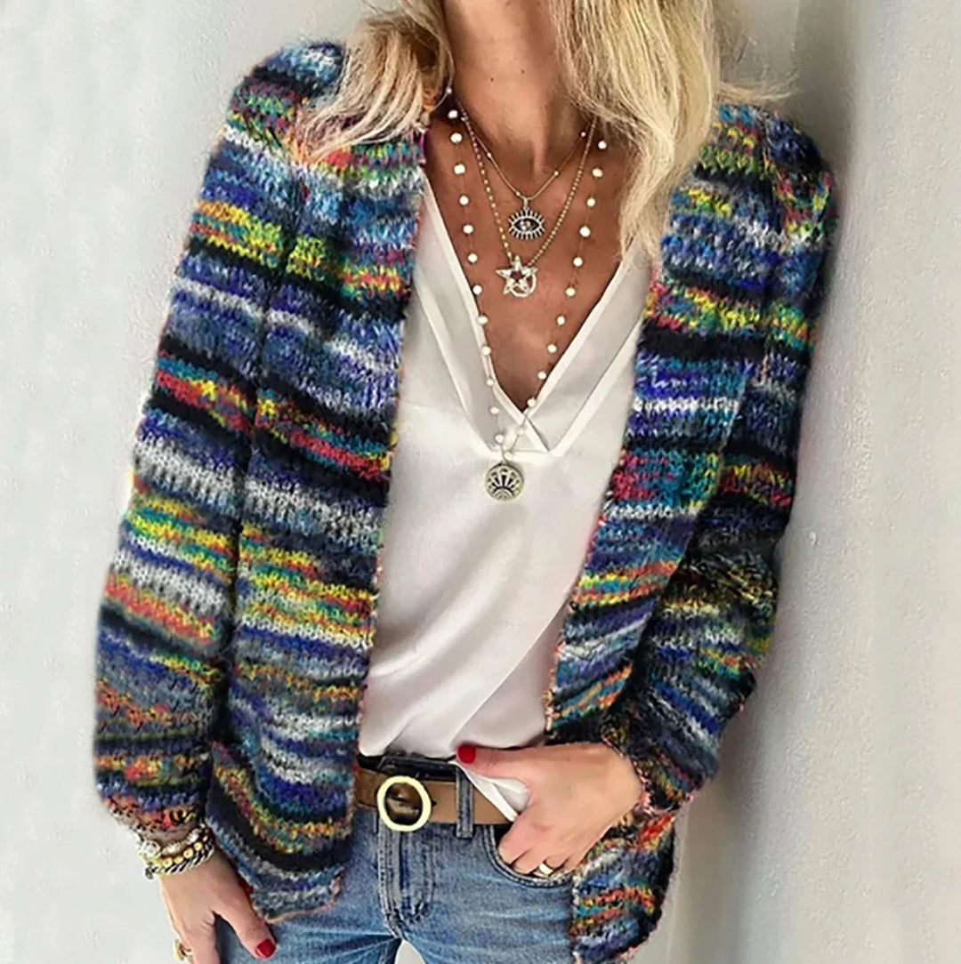 Chic women's multicolor long-sleeve open-front cardigan, loose-fit and versatile for autumn outfits.