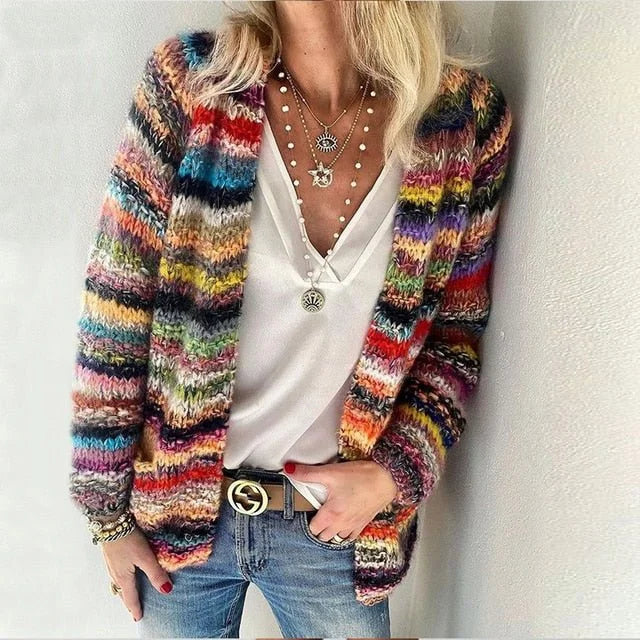 Women's cozy multicolor open-front cardigan sweater, loose-fit, perfect for autumn fashion & chic layering.