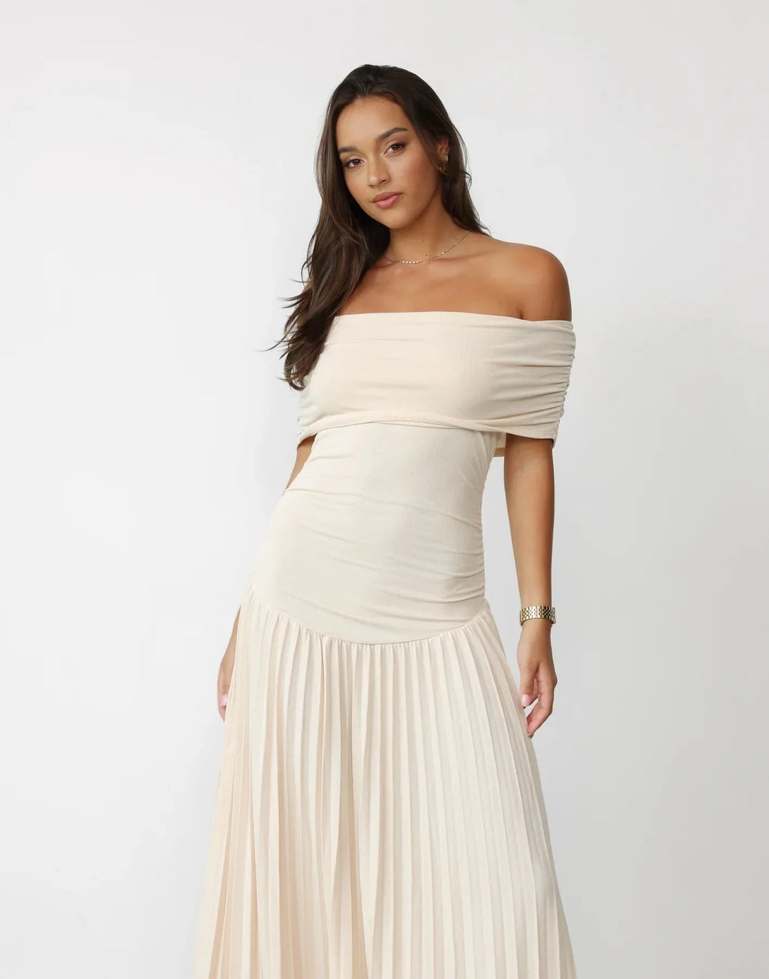 Comfortable cream off-shoulder maxi dress for women, perfect flowy summer vacation style.