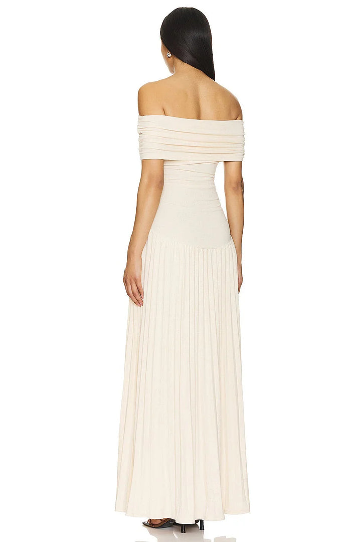 Versatile women's cream flowy off-shoulder maxi dress, ideal for casual summer or elegant events.