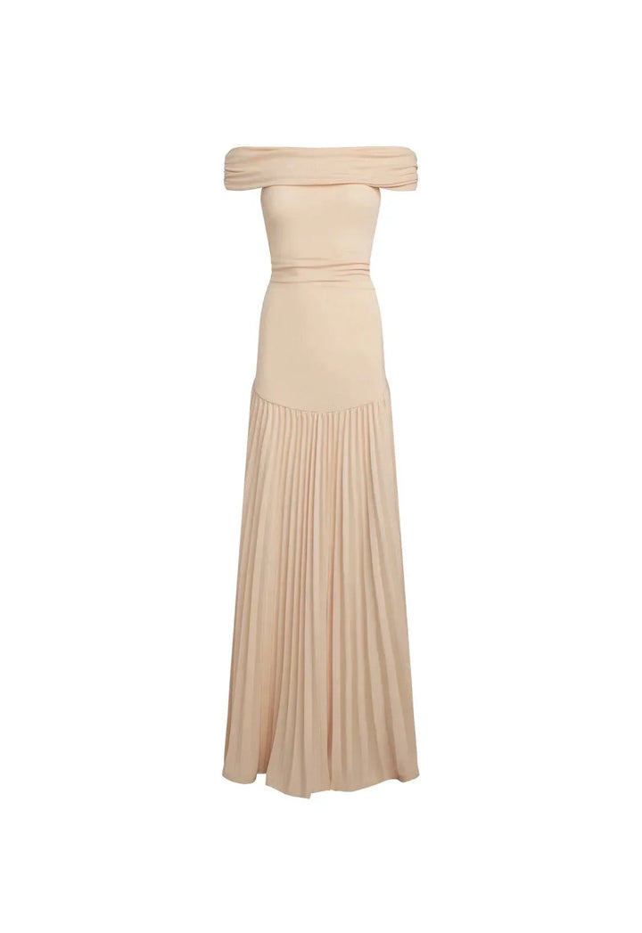 Women's cream flowy off-shoulder maxi dress in motion, showcasing elegant pleated skirt for summer.