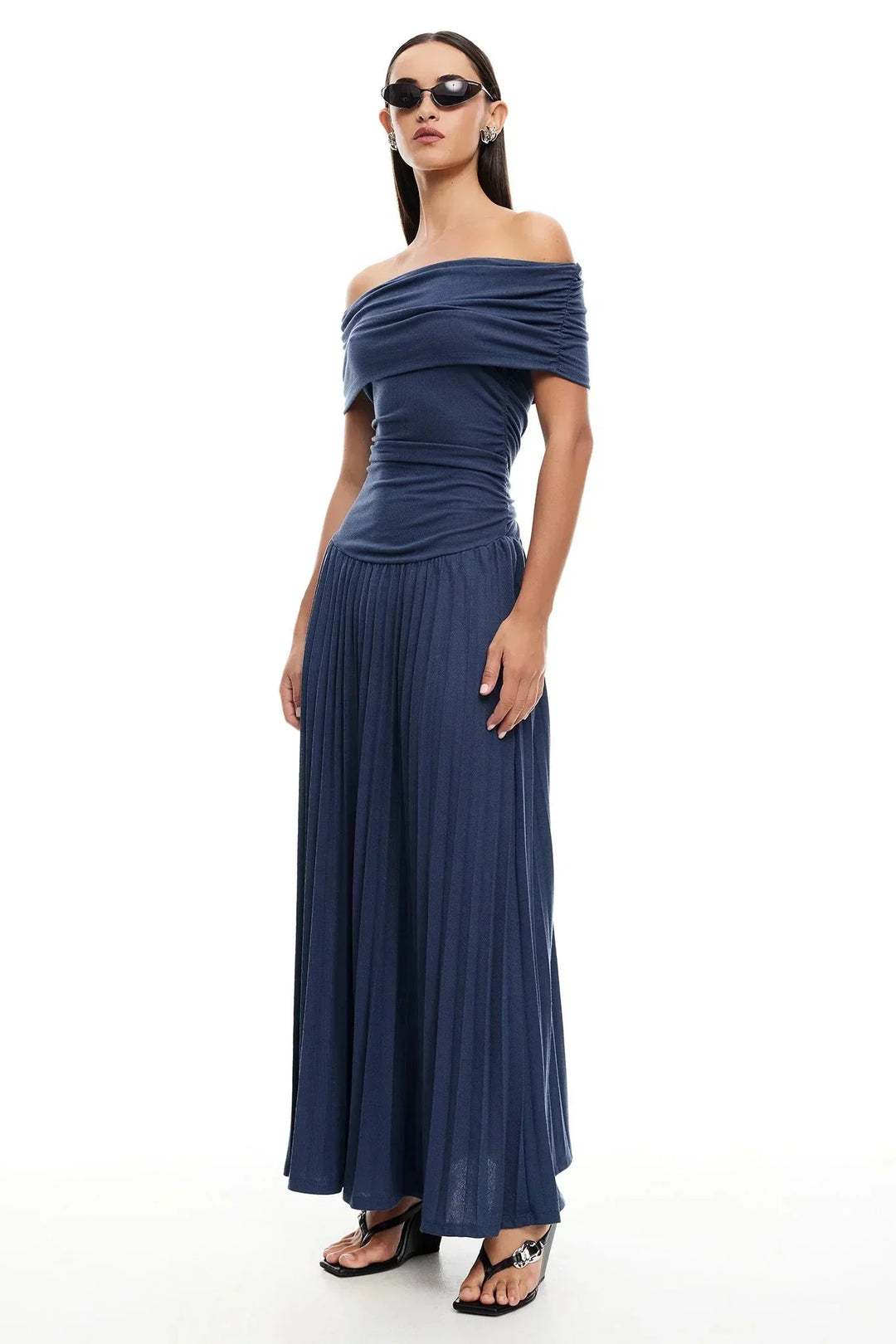 Stylish off-shoulder cream maxi dress for women, flowy and comfortable summer vacation wear.