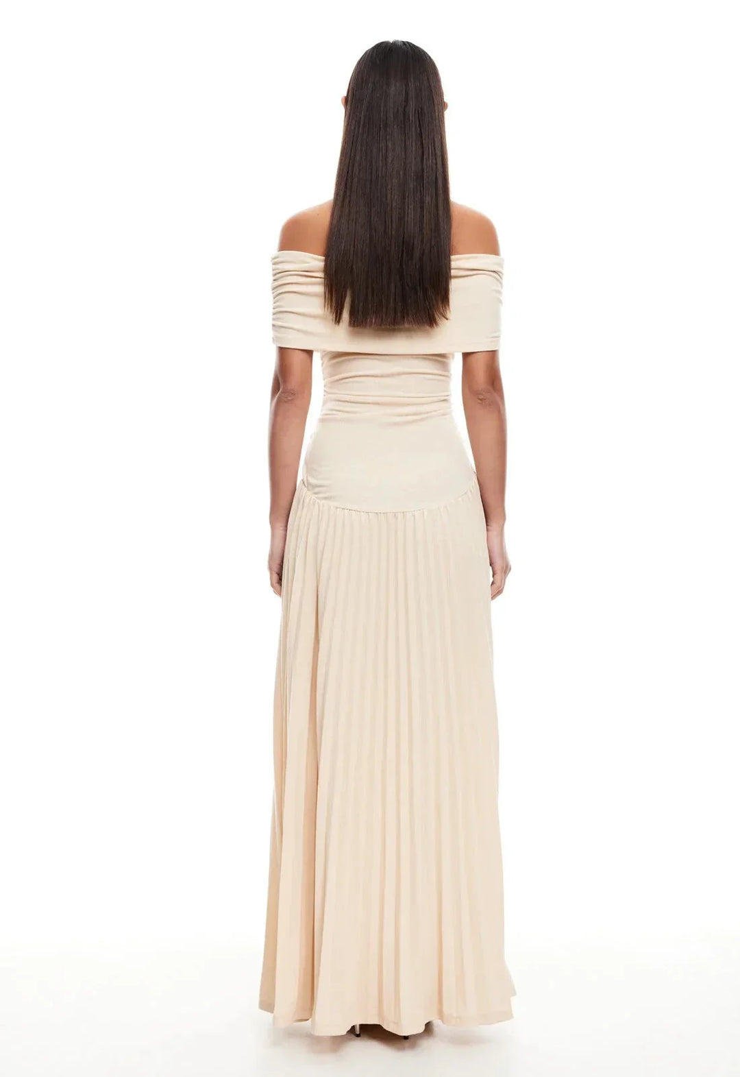 Back view: Women's cream off-shoulder maxi dress, showing flowy fabric and elegant summer design.