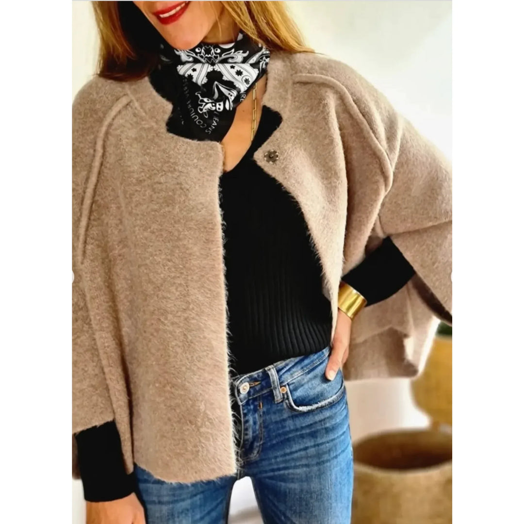 Elegant women's cropped soft knit cardigan. Wide-sleeve, stand collar for stylish layering.