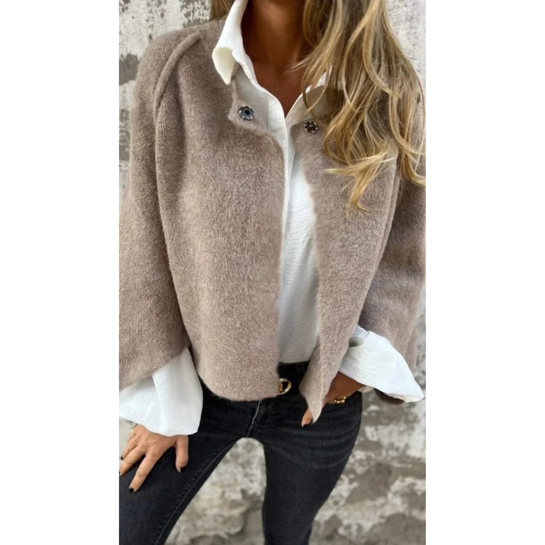 Women's cropped soft knit cardigan with wide sleeves & stand collar. Elegant layering outerwear.