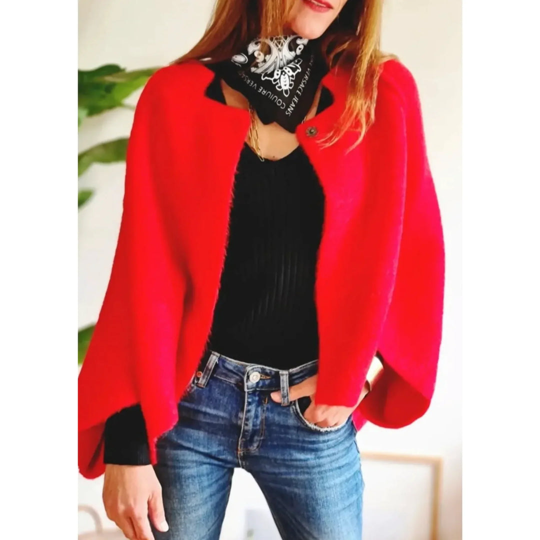 Women's cropped knitwear cardigan. Soft, wide-sleeve, stand collar. Fashionable and comfortable.