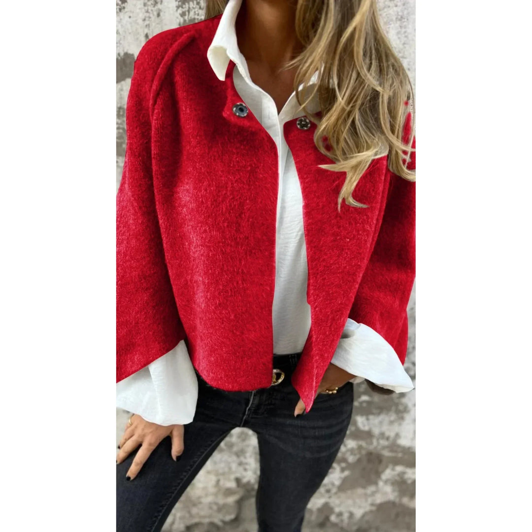 Elegant women's cropped cardigan. Soft knit, wide sleeves, stand collar. Perfect for layering.