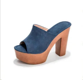 Dark blue platform sandals for women with a chic chunky heel, perfect for summer style.