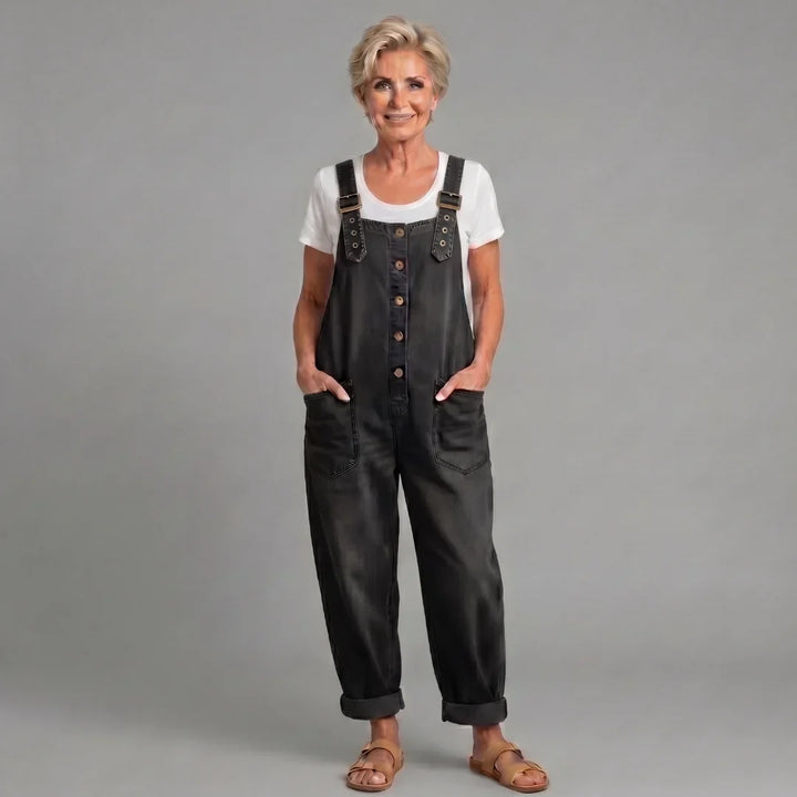 Casual wide leg overalls for women, comfortable relaxed fit, classic button front design.