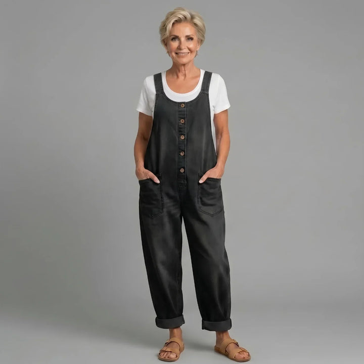 Comfortable women's wide leg bib jumpsuit, relaxed fit, button front, perfect for casual fashion.