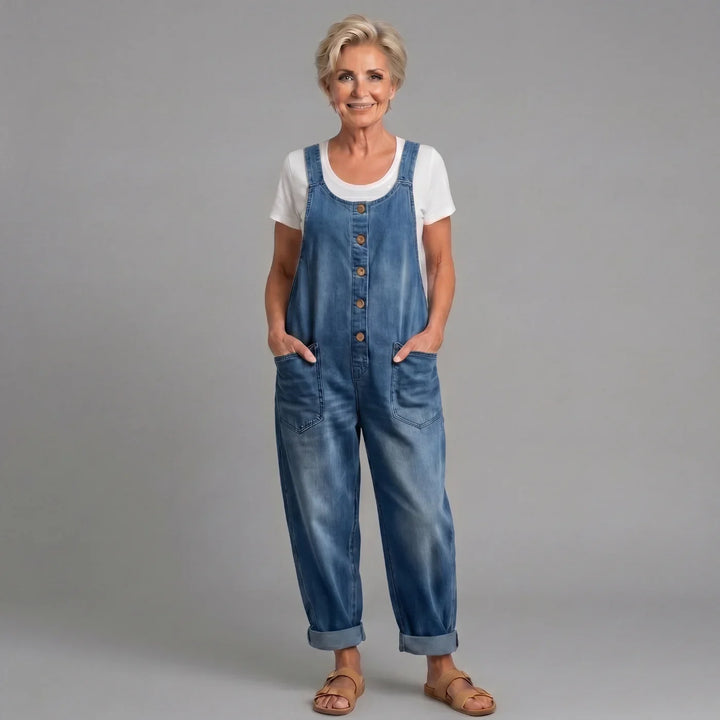 Women's wide leg overalls jumpsuit with button front bib, vintage casual style.