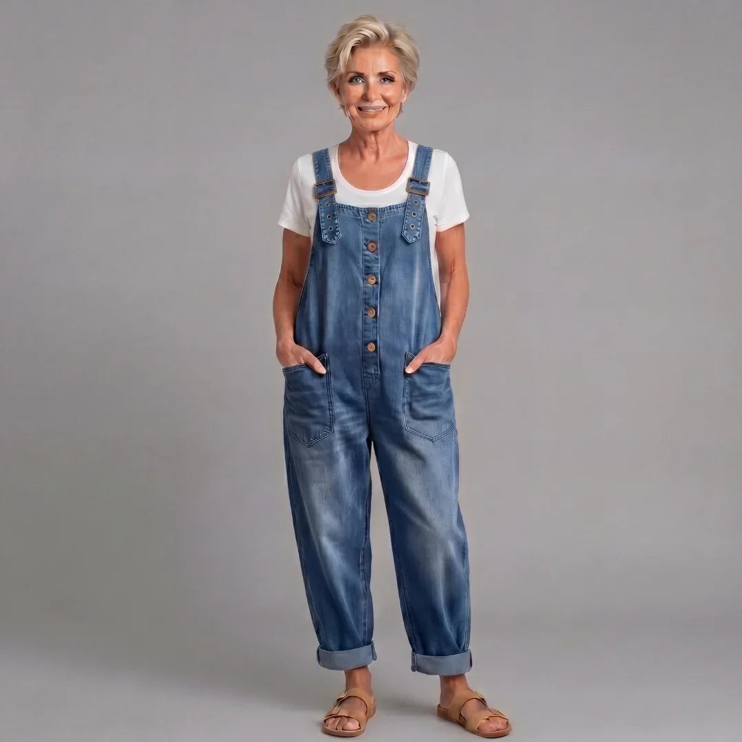 Women's button front bib overalls, stylish wide leg, perfect for a relaxed vintage-inspired look.