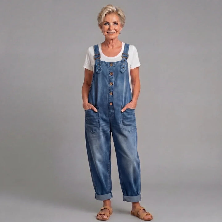 Women's button front bib overalls, stylish wide leg, perfect for a relaxed vintage-inspired look.