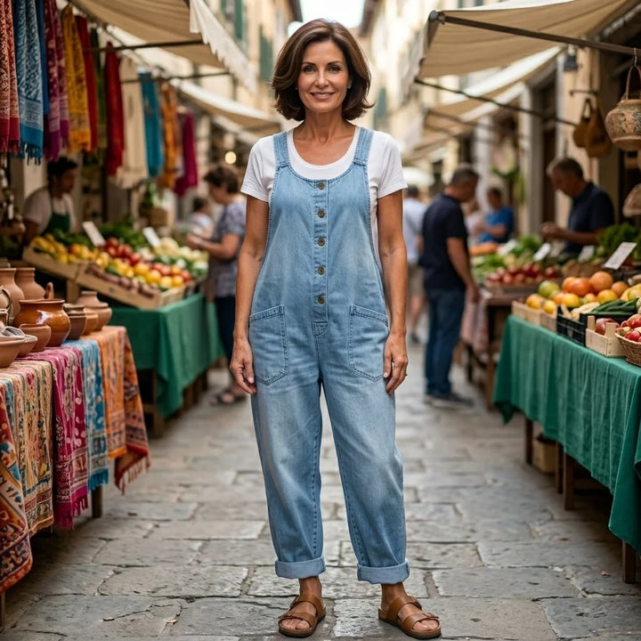 Fashionable women's wide leg bib overalls, button front, offering a relaxed and trendy fit.