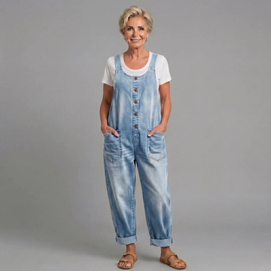 Trendy women's wide leg fashion jumpsuit with button front, ideal for casual and vintage style.