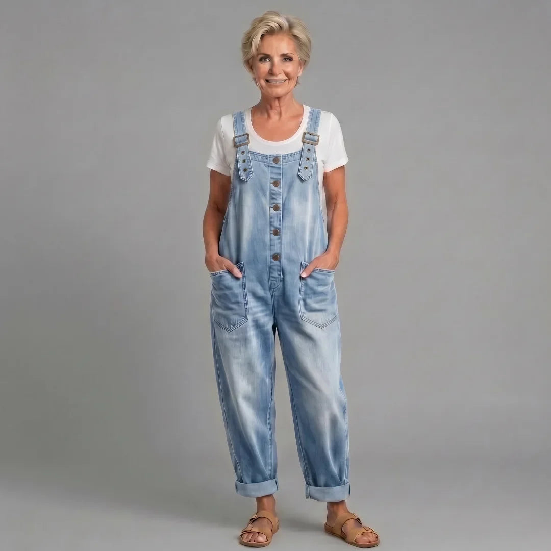 Versatile women's wide leg jumpsuit, button front bib overalls, great for fashion and comfort.