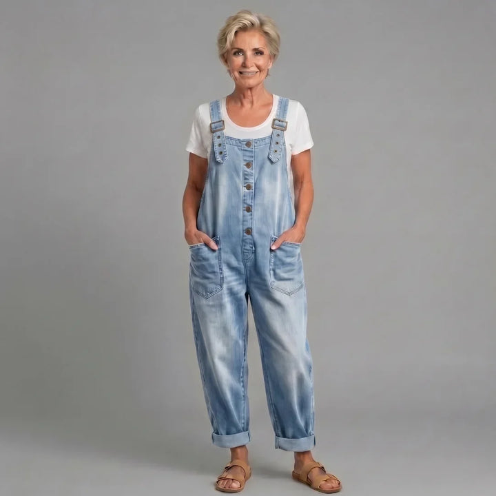 Versatile women's wide leg jumpsuit, button front bib overalls, great for fashion and comfort.