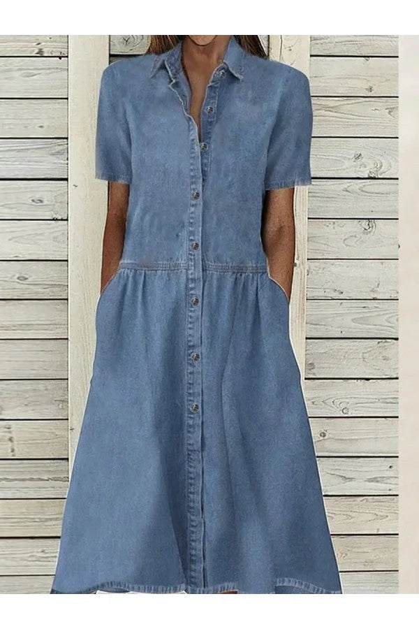 Women's blue collared button-down short-sleeve midi dress with pockets, perfect for casual summer wear.