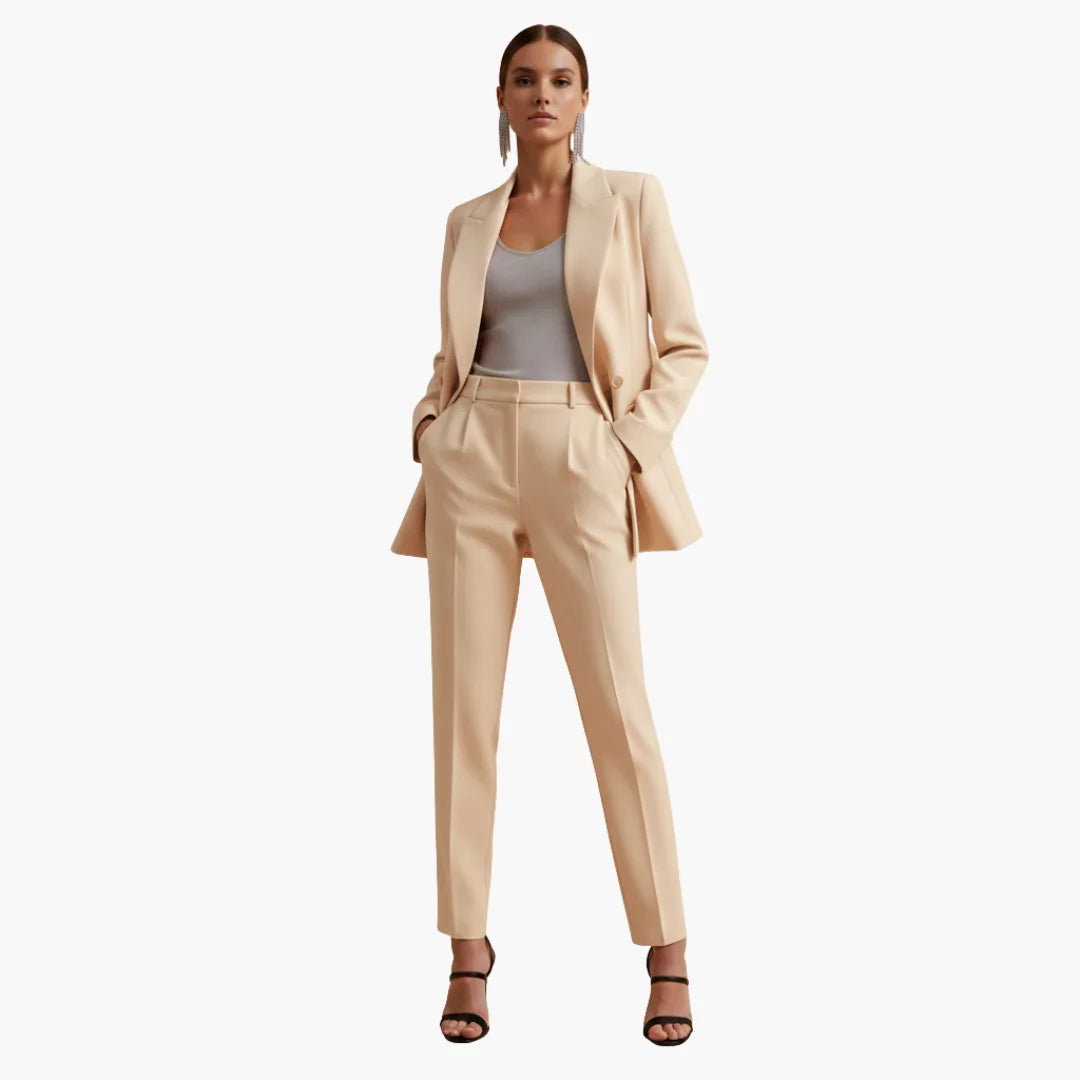 Professional women's elegant tailored suit with double-breasted blazer & trousers.
