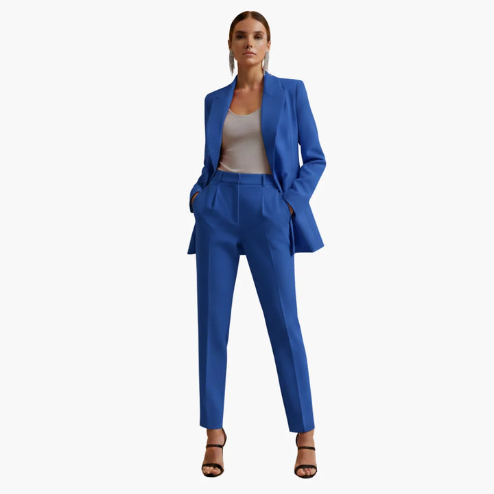 Business casual women's suit set, double-breasted blazer and tailored trousers.