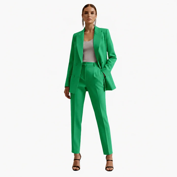 Women's formal two-piece suit: a stylish double-breasted blazer with tailored trousers.