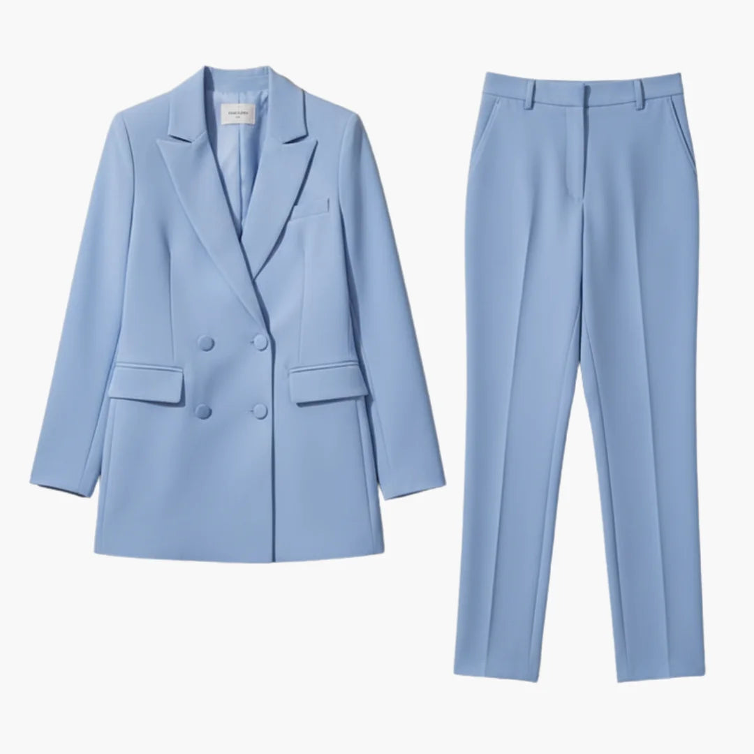 Women's tailored double-breasted blazer and trousers suit set for professional office wear.
