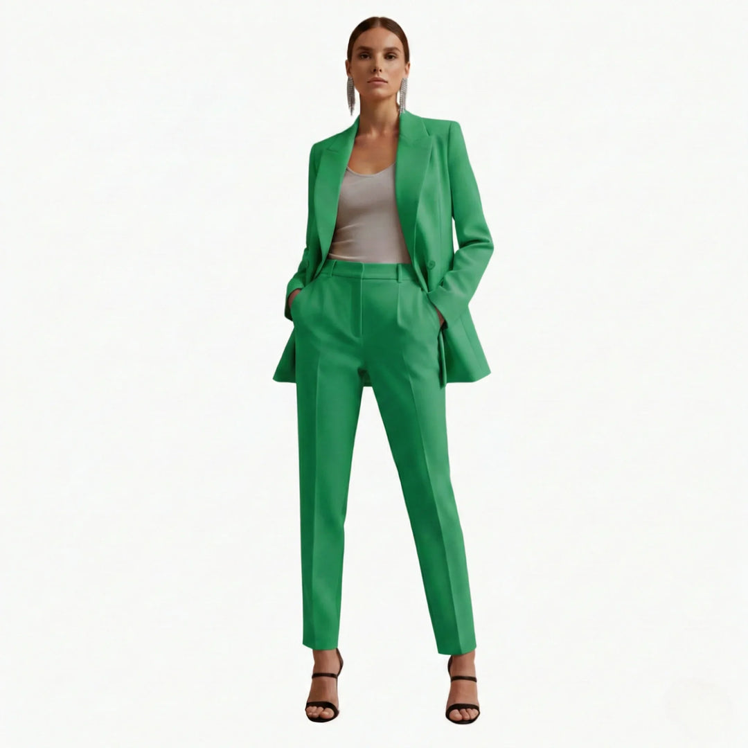 Tailored double-breasted blazer and trousers set, ideal for women's office fashion.