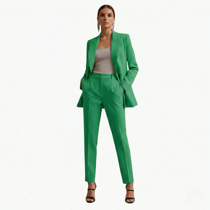 Tailored double-breasted blazer and trousers set, ideal for women's office fashion.