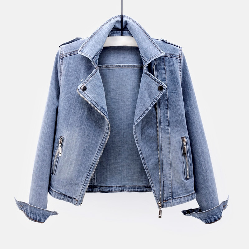 Women's classic denim jacket with button closure and pockets in Navy Blue.