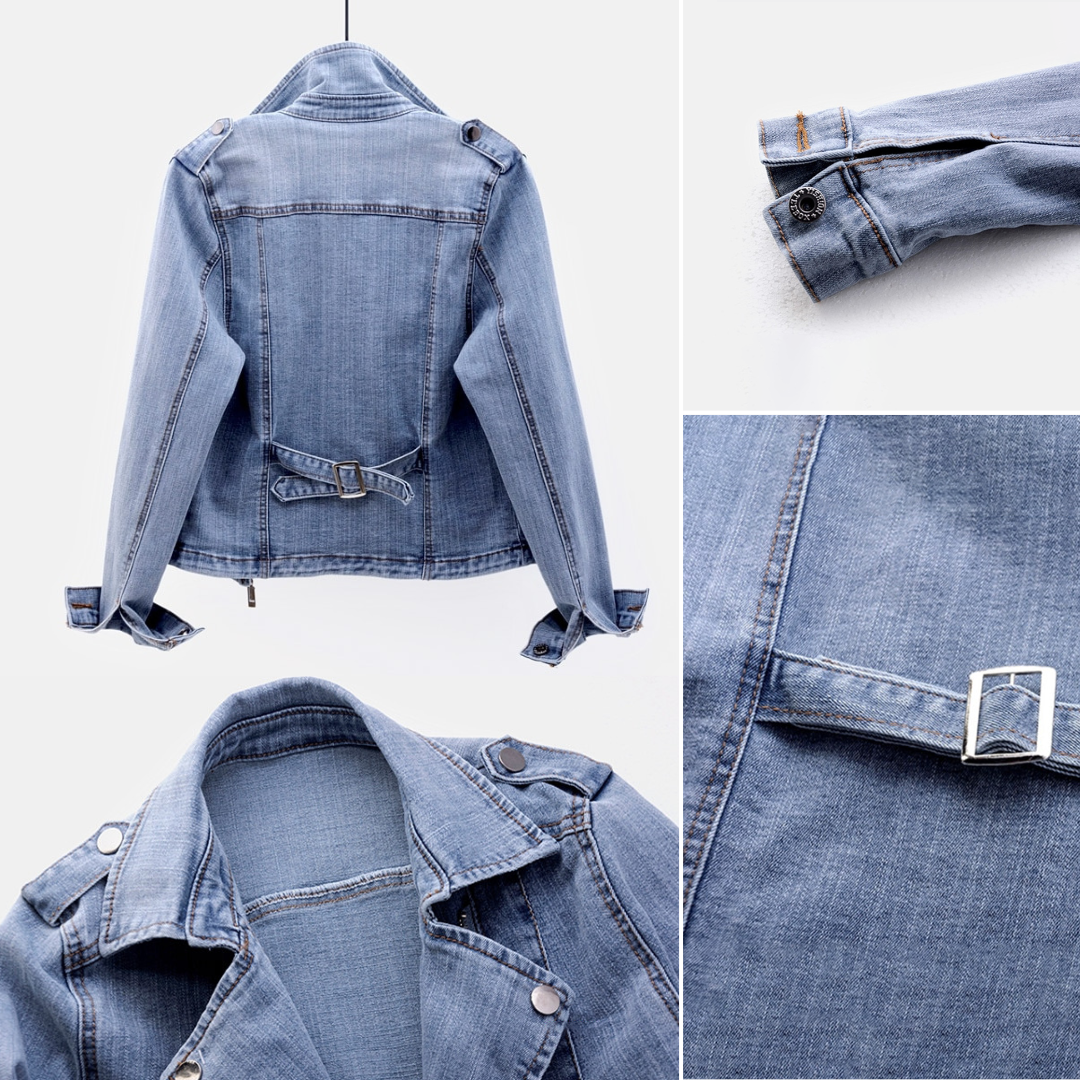 Model wearing a women's denim jacket as part of a casual outfit.