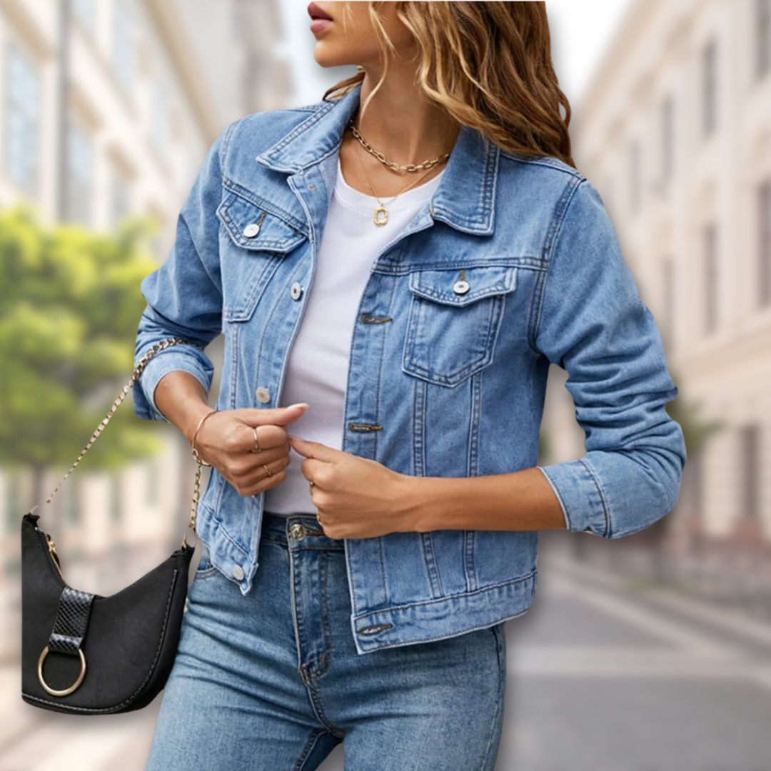 "Women's denim jacket with button-up front, available in multiple colors, adds chic style for all-season versatility."