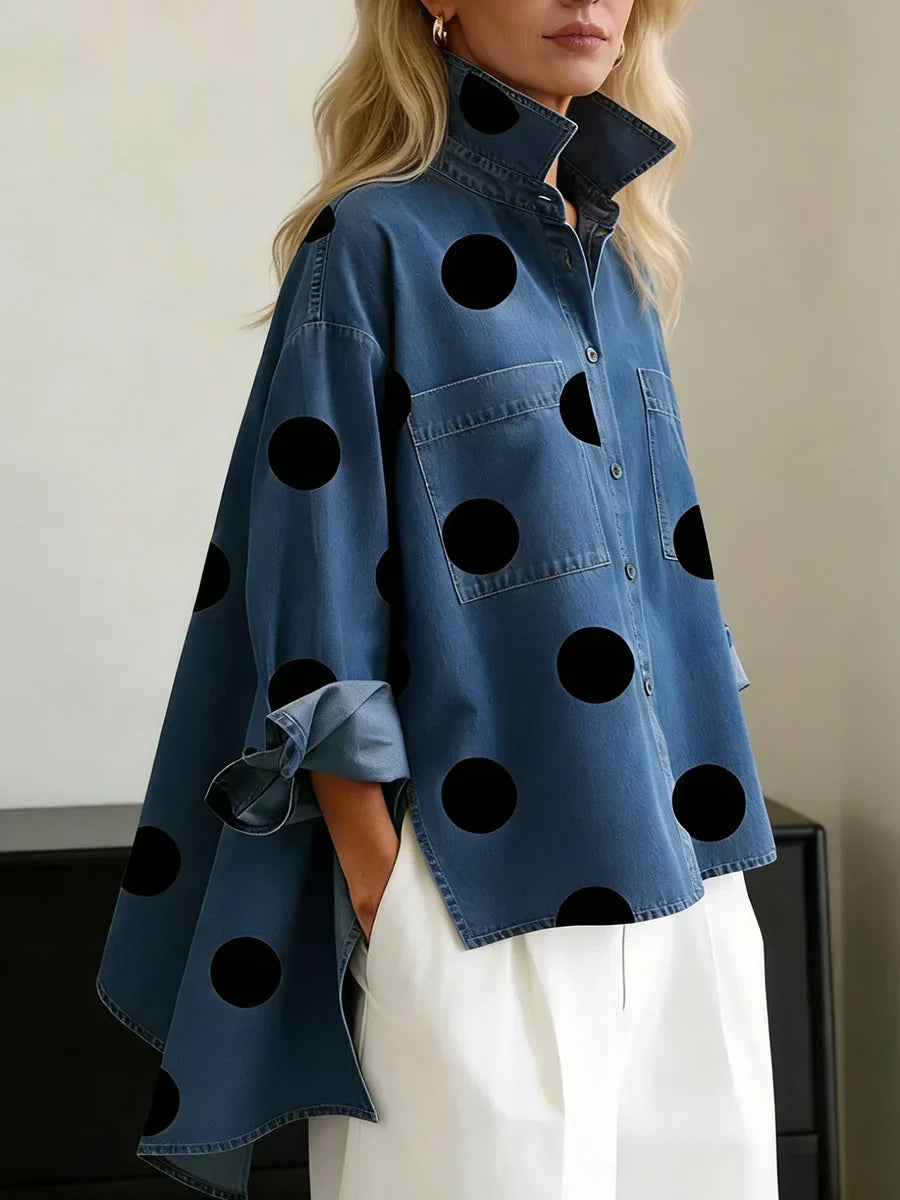 Women's oversized polka dot long sleeve denim shirt with button front, perfect for casual chic style.