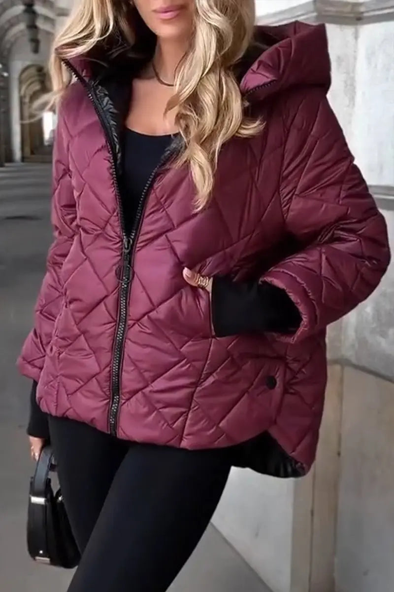 Comfortable women's diamond quilted hooded puffer jacket, great for stylish autumn and winter outerwear.